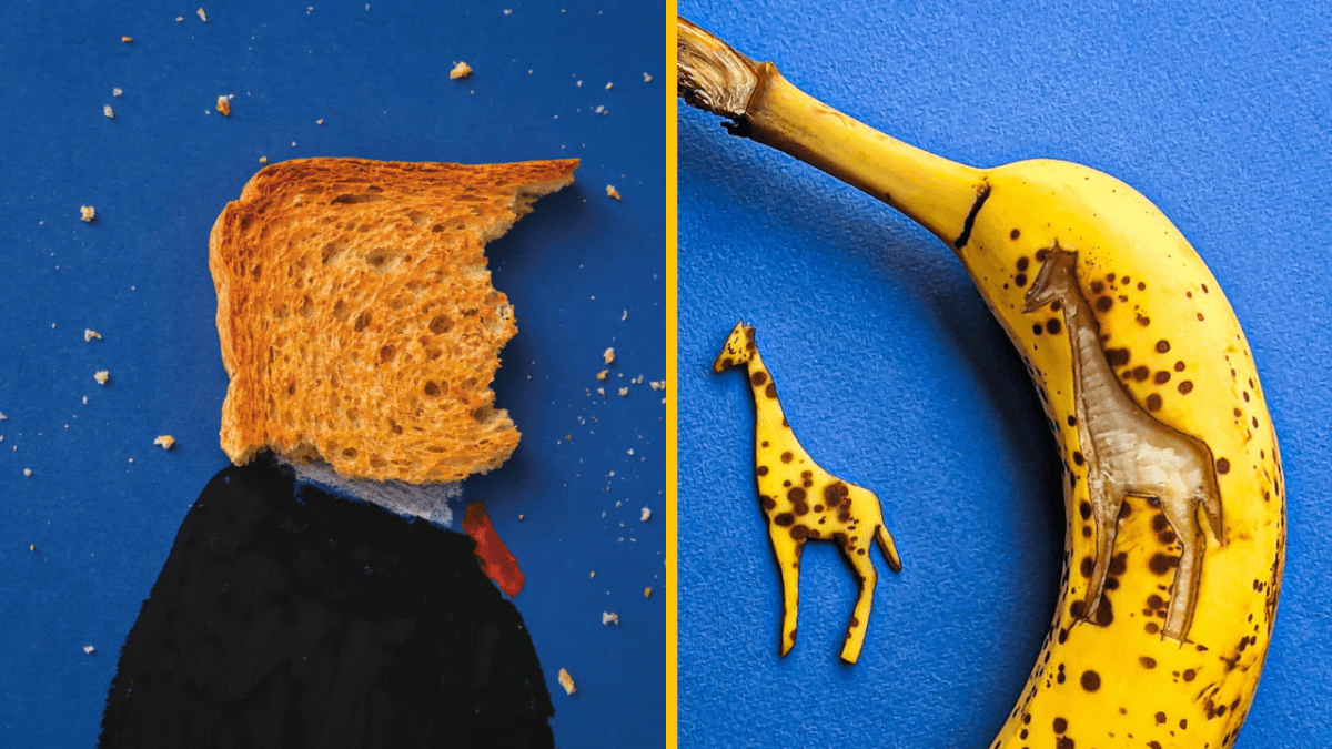 Nakrájaný chlieb vytvára siluetu hlavy; na banáne je vyrezaná žirafa. Kreatívne jedlé umenie.