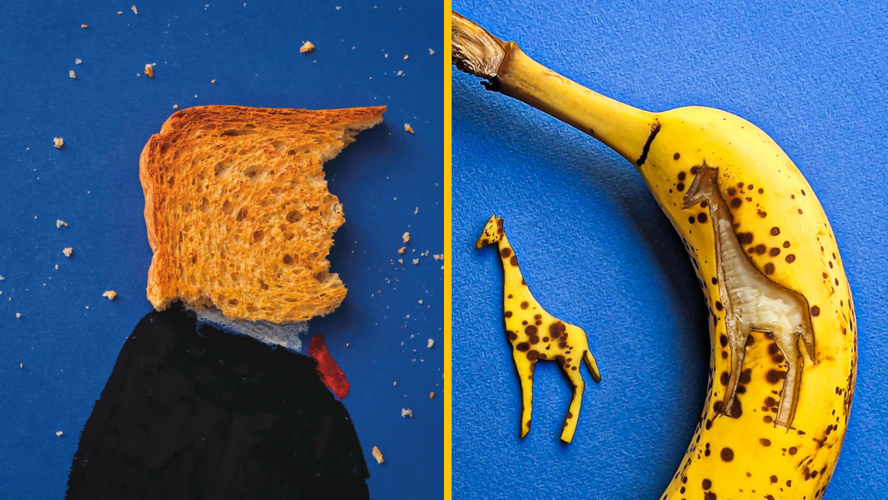 Nakrájaný chlieb vytvára siluetu hlavy; na banáne je vyrezaná žirafa. Kreatívne jedlé umenie.