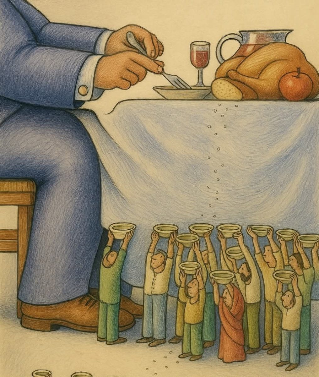 Obrázok zobrazuje kontrast bohatstva a chudoby, kde veľká osoba kŕmi malých ľudí drobkami z veľkej hostiny.