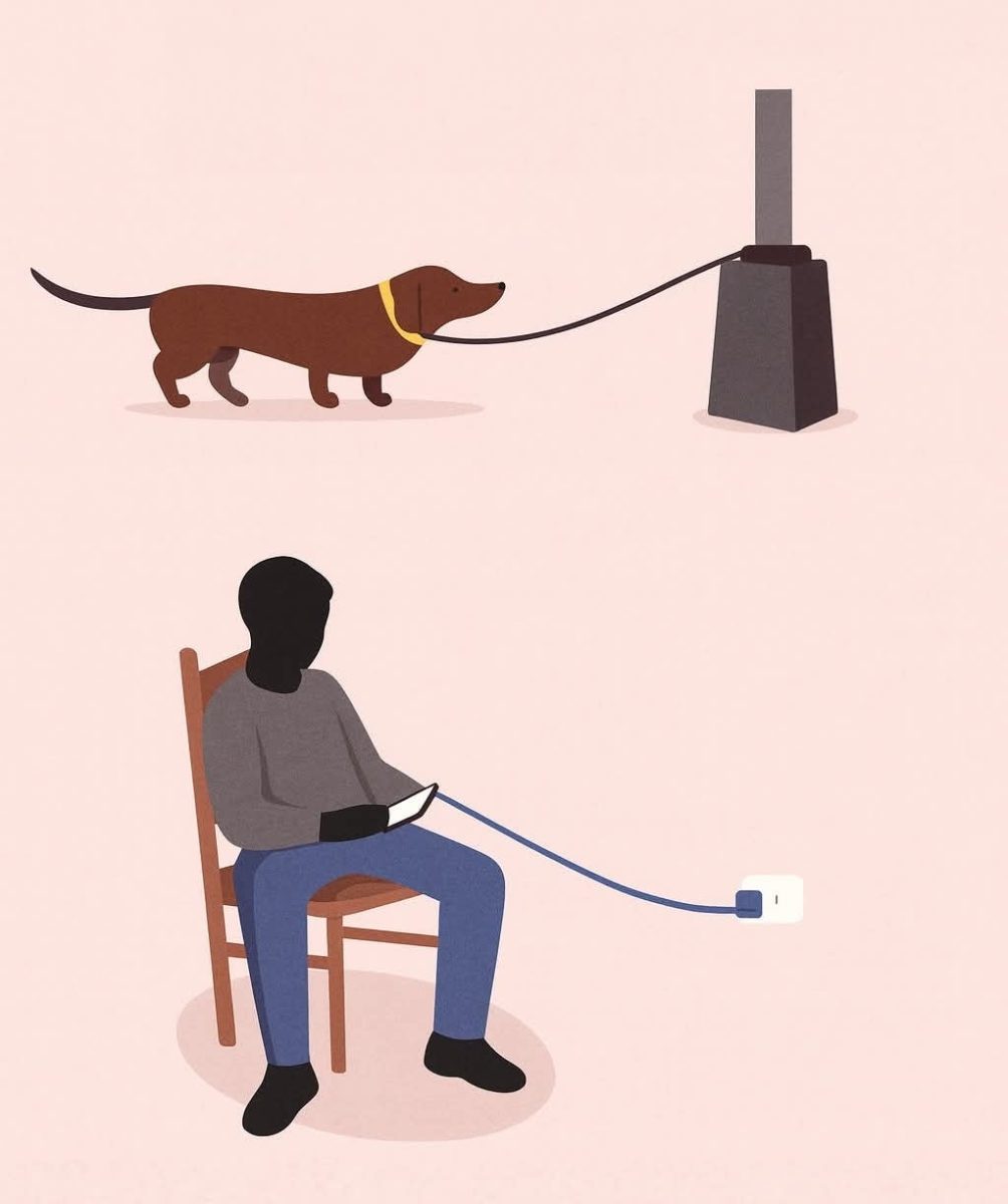 Pes na vodítku a muž s mobilom pripútaný k nabíjačke ilustrujú vzťah človeka a technológií.