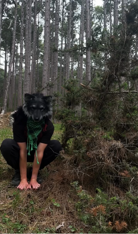 Osoba v lese s vlčou maskou, skrčená pri stromoch, uprostred prírody.