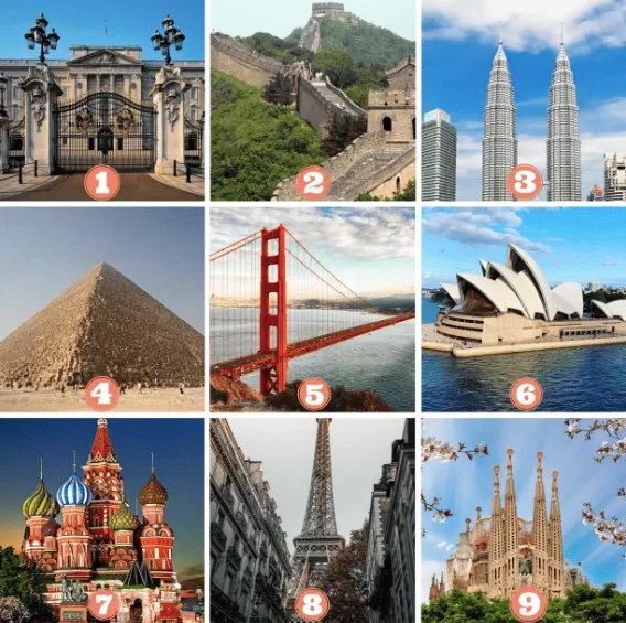 Čísla znázorňujú slávne svetové pamiatky, ako sú Veľký čínsky múr a Eiffelova veža.