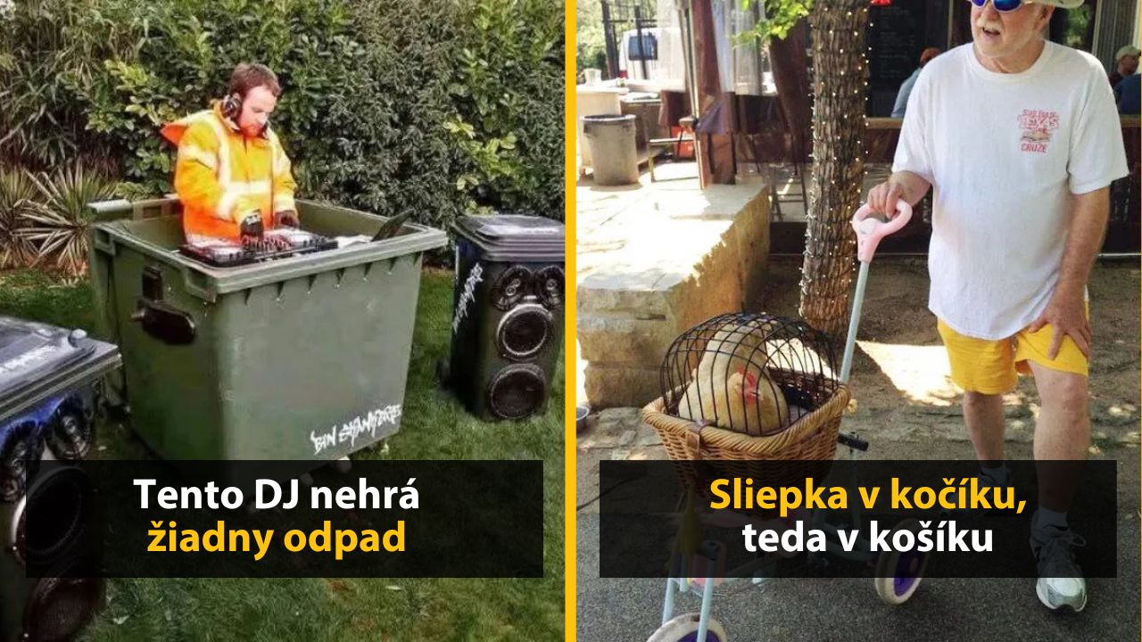 DJ hrajúci z kontajnera a muž tlačiaci sliepku v košíku. Vtipné okamihy z každodenného života.