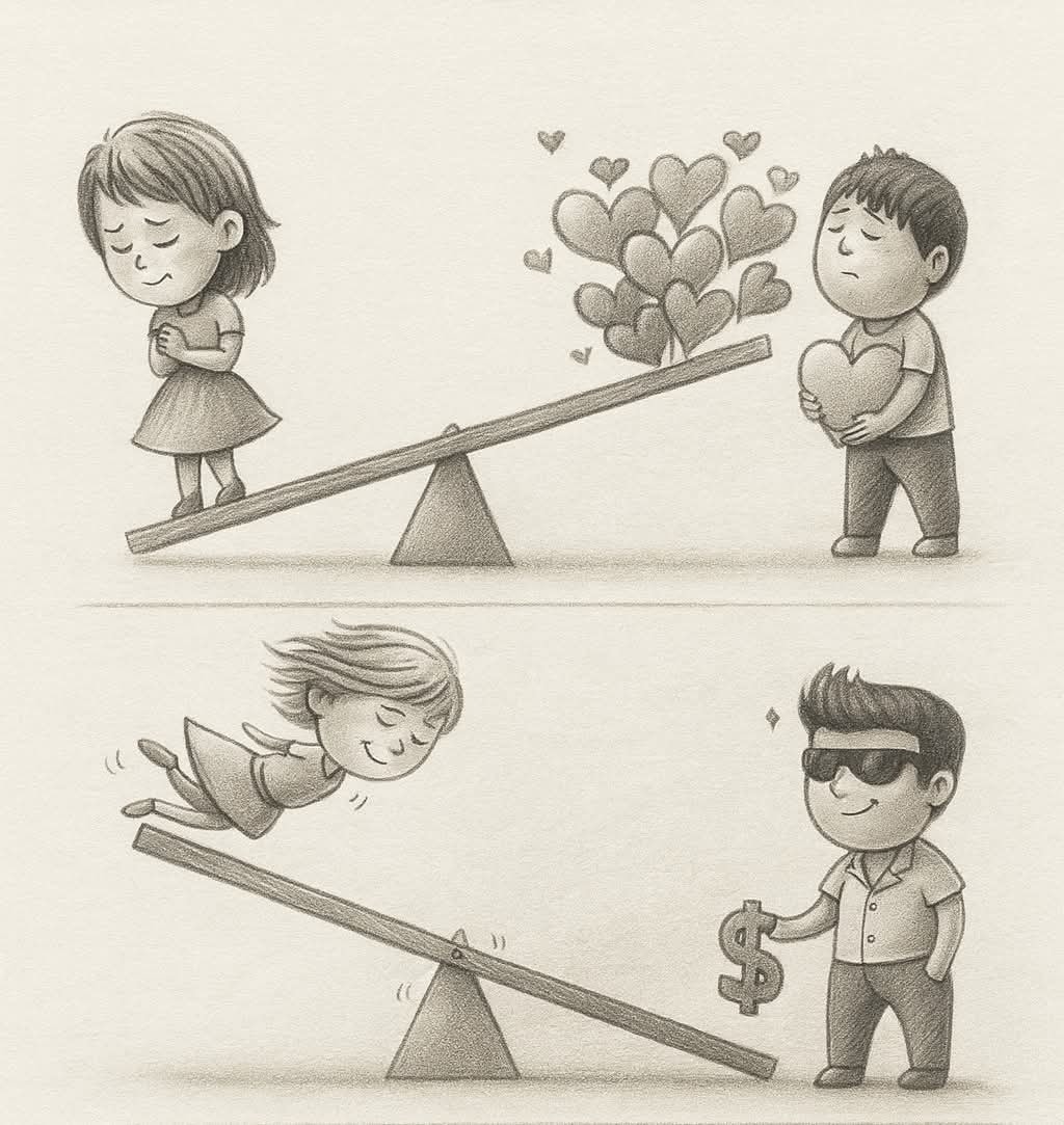 Zamilovaný chlapec smutne drží srdce, dievča je preč. Iný muž so symbolom dolára a šťastná dievčina na hojdačke.