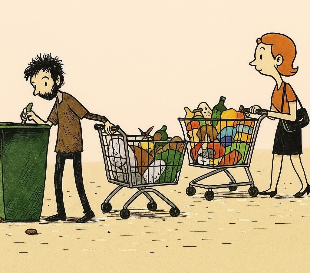 Muž pri smetiaku s nákupným vozíkom, žena s plným vozíkom potravín; kontrast medzi hladovaním a hojnosťou.