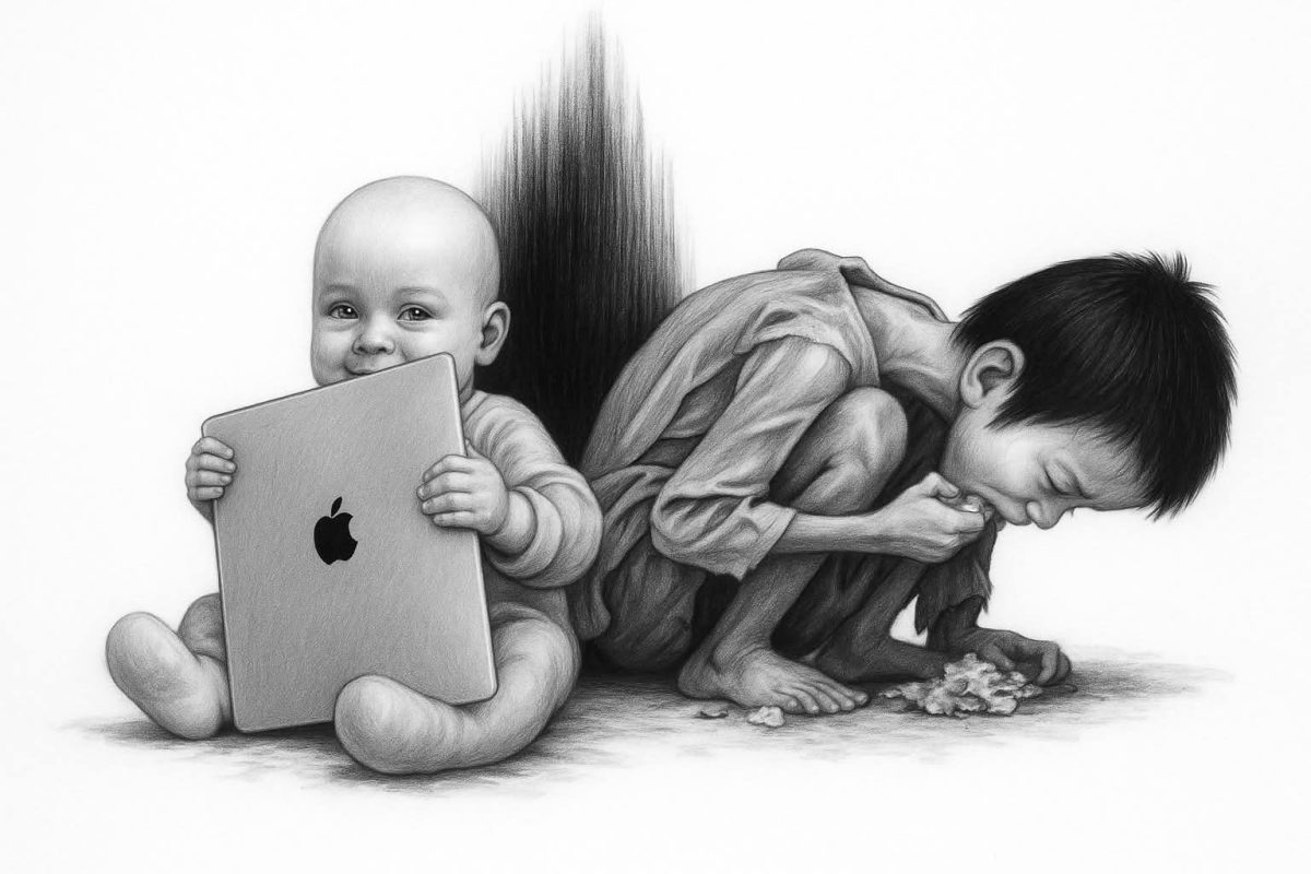 Dve deti na kontrastnej ilustrácii: jedno s technológiou, druhé chudobné a hladné. Spoločenské rozdiely a nerovnosť.