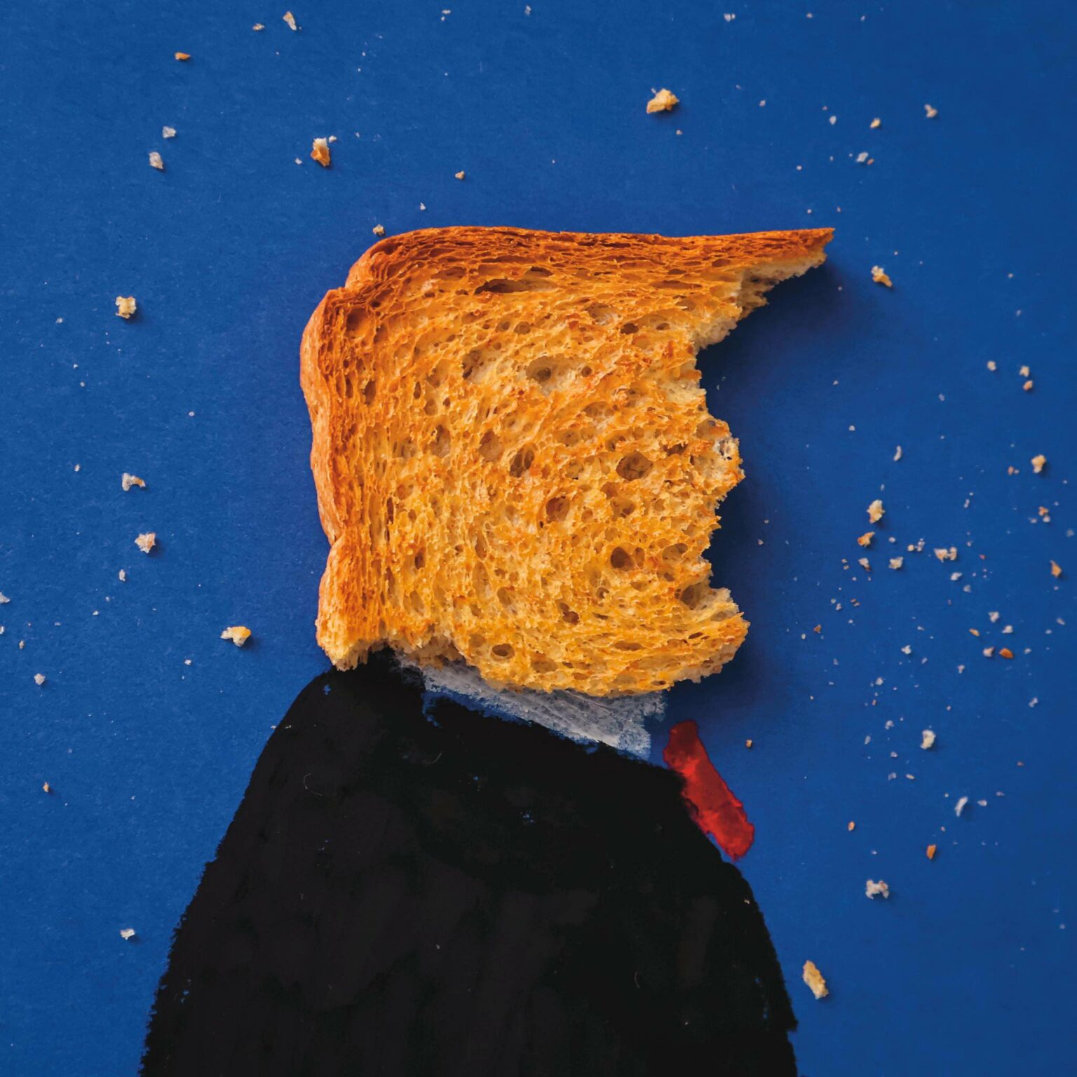 Plátok toastu s odhryznutým kúskom na modrom pozadí, pripomínajúci siluetu s vlasmi.