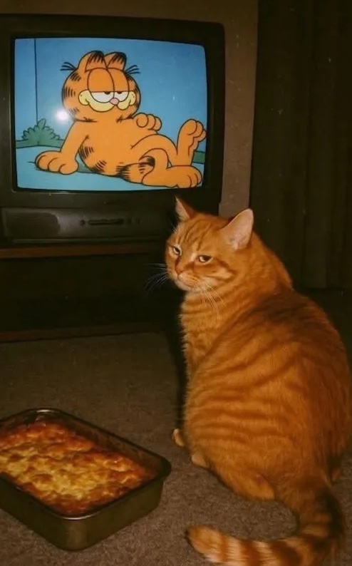 Oranžová mačka pri televízii sleduje animovaný seriál, vedľa neho je plech s jedlom.