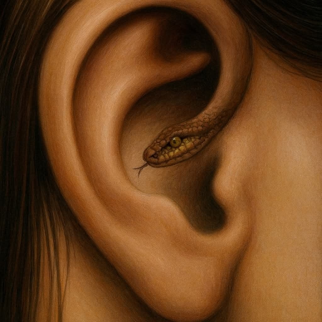 Ucho s malým hadom vo vnútri, ilustrujúci surrealistický výjav alebo metaforu na tajomnosť a vnútorné hlas.