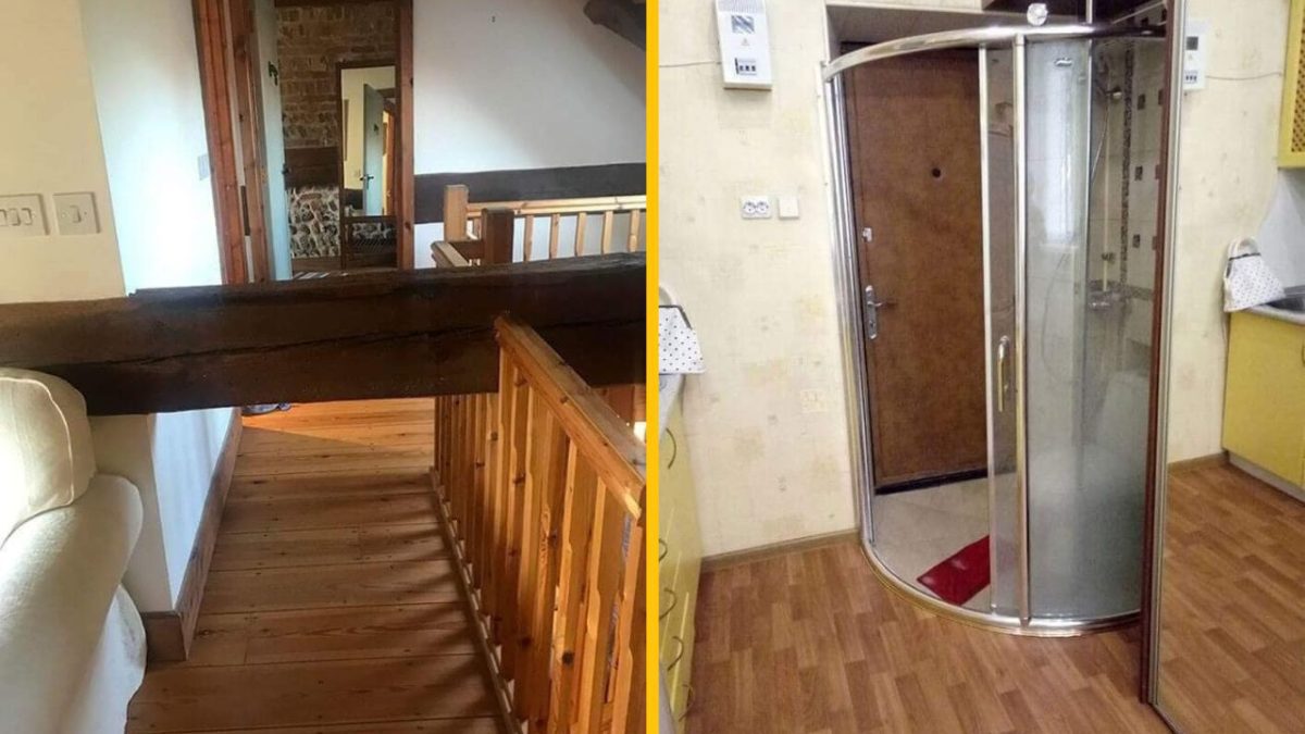 Dva netradičné stavebné riešenia: drevená prekážka na schodisku a sprchový kút pred dverami.