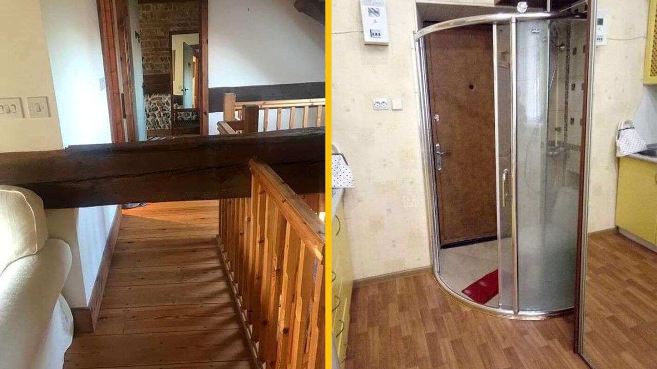 Dva netradičné stavebné riešenia: drevená prekážka na schodisku a sprchový kút pred dverami.