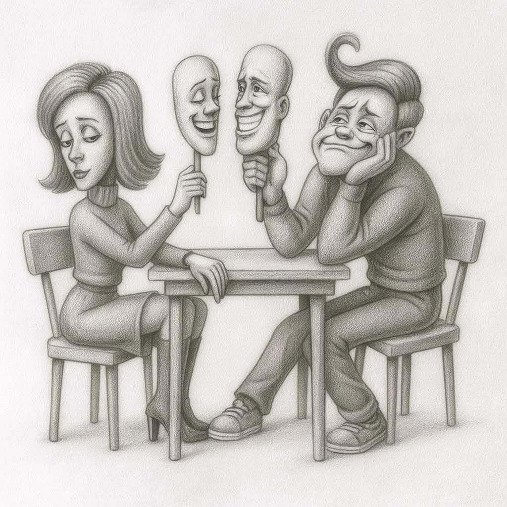 Pár pri stole s maskami, symbolizujúci skryté emócie a nekonečný cyklus predstierania v medziľudských vzťahoch.