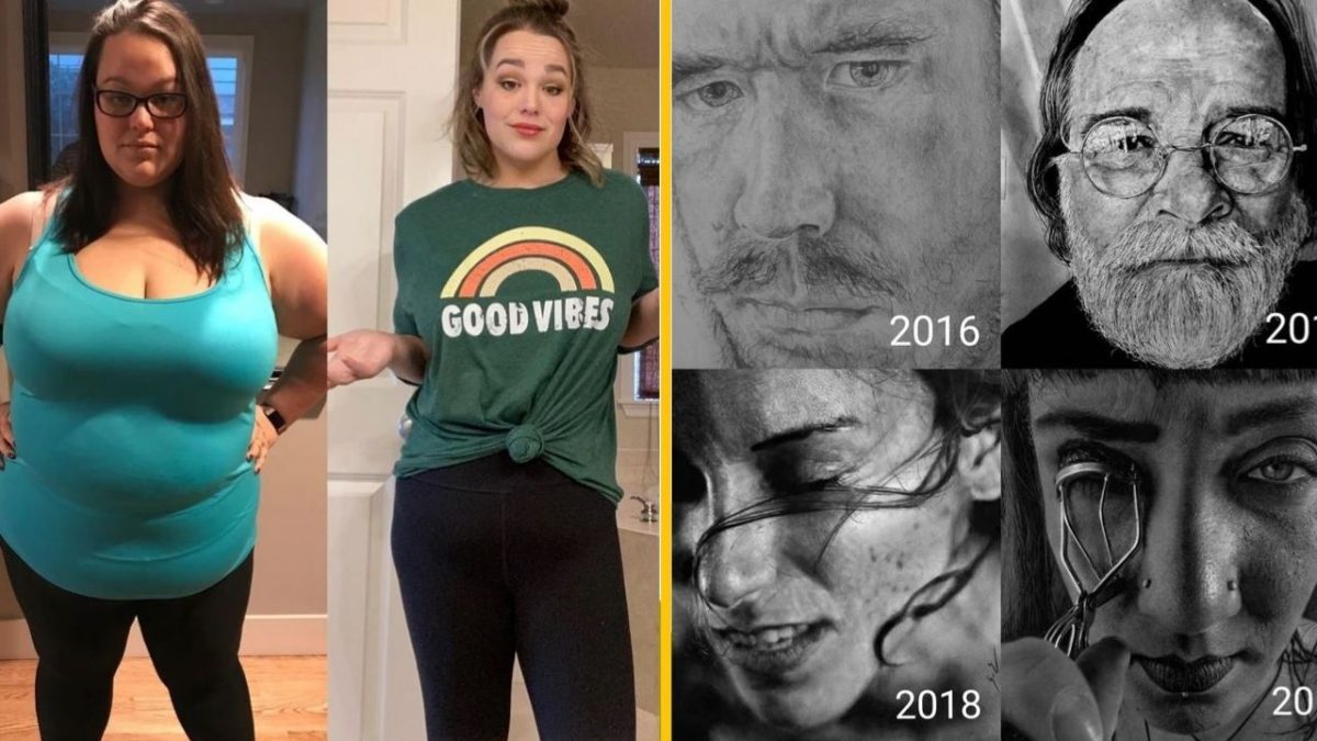 Osoba s výrazným úbytkom hmotnosti pred a po, vedľa čierno-bielych kresieb s rokmi 2016-2020.