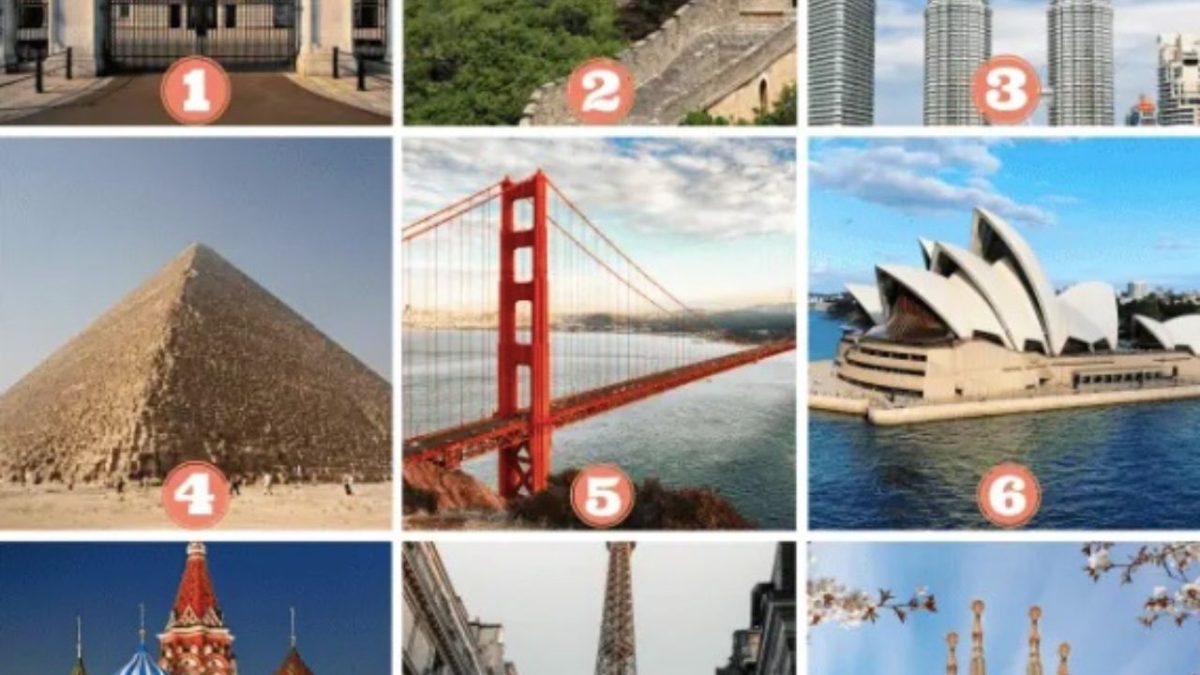 Koláž 9 svetových monumentov vrátane pyramídy, mosta a opery, reprezentujúca ikonické stavby sveta.