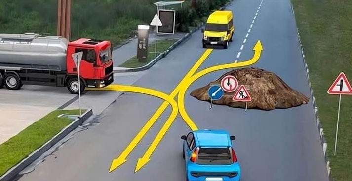 Jazda autom pri obchádzke na ceste s tromi smermi, označená dopravnými značkami a šípkami, znázorňuje bezpečné smerovanie.