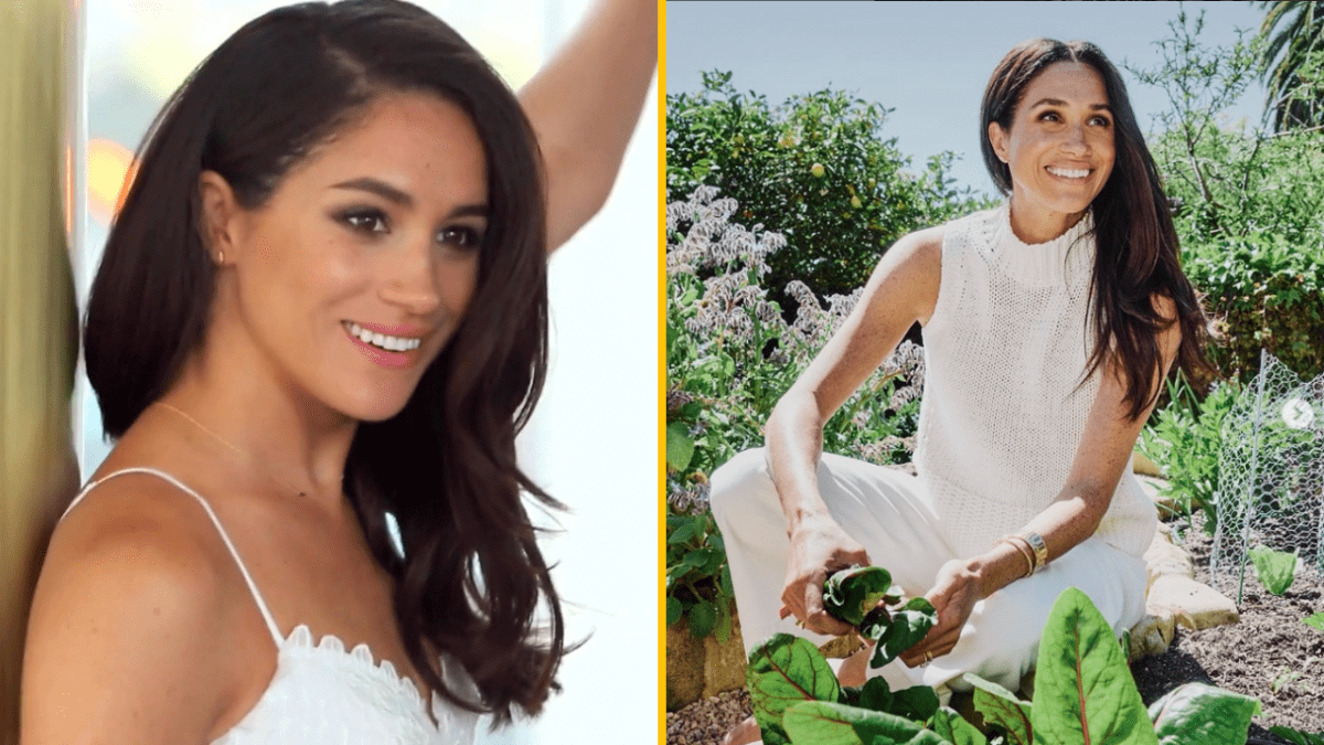 Osoba v bielych šatách, usmievajúca sa v interiéri a v záhrade s bylinkovým záhonom, vyžaruje radosť a pohodu.