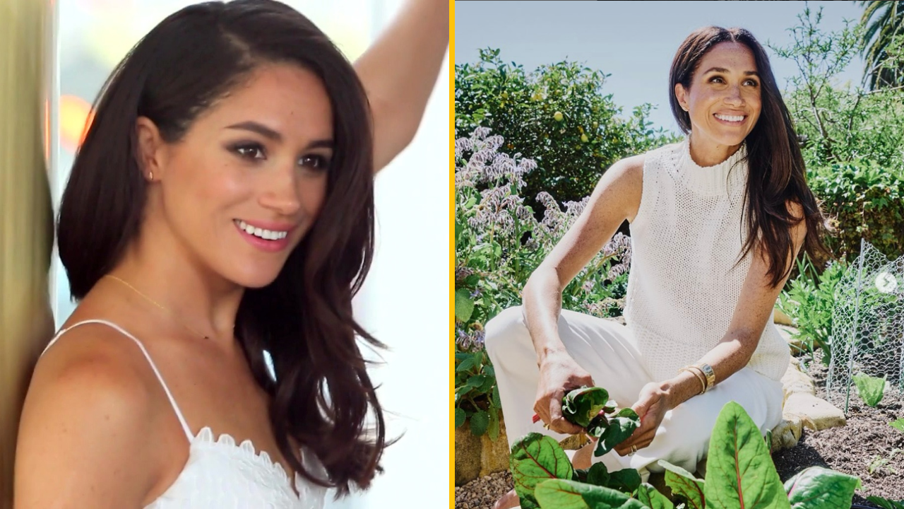 Osoba v bielych šatách, usmievajúca sa v interiéri a v záhrade s bylinkovým záhonom, vyžaruje radosť a pohodu.