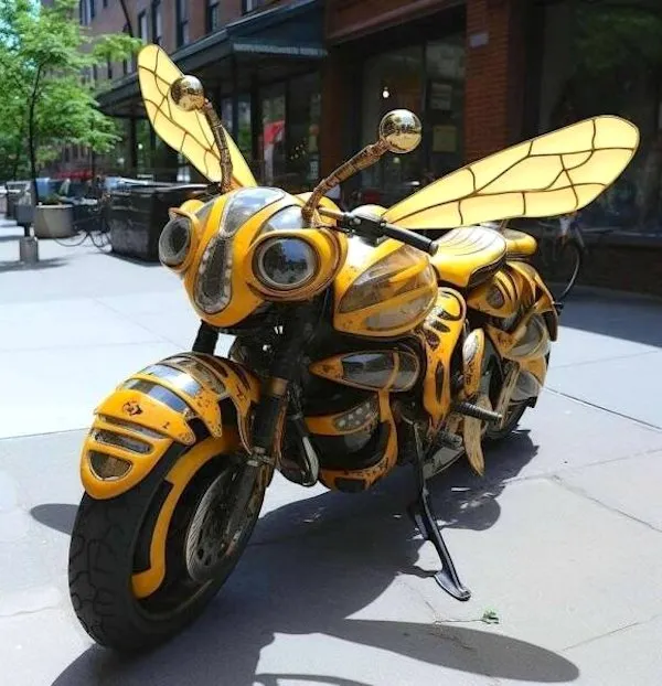 Motorka s krídlami v štýle včely na mestskom chodníku za slnečného dňa.