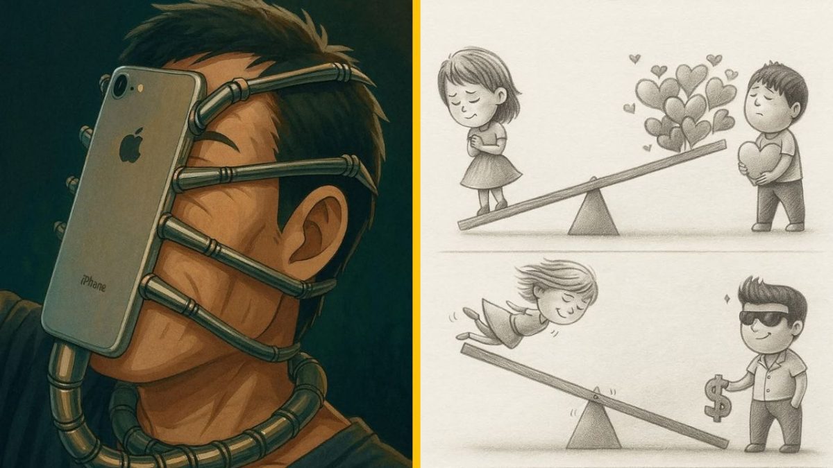 Muž s mobilom namiesto tváre; váha lásky a peňazí na hojdačkách; kritické zobrazenie moderných vzťahov.