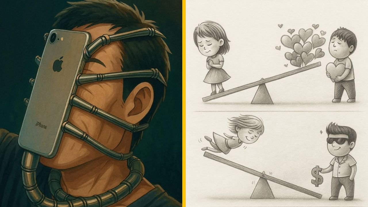 Muž s mobilom namiesto tváre; váha lásky a peňazí na hojdačkách; kritické zobrazenie moderných vzťahov.