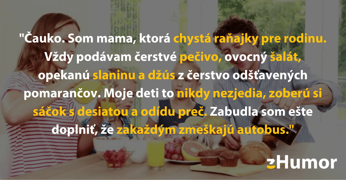 Rodina pri raňajkách s mamou servírujúcou jedlo, deti si balia desiatu do školy.