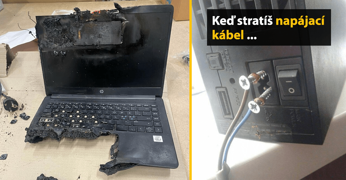 Spálený notebook a improvizované napájanie ukazujú následky nedostatku bezpečnostných opatrení.