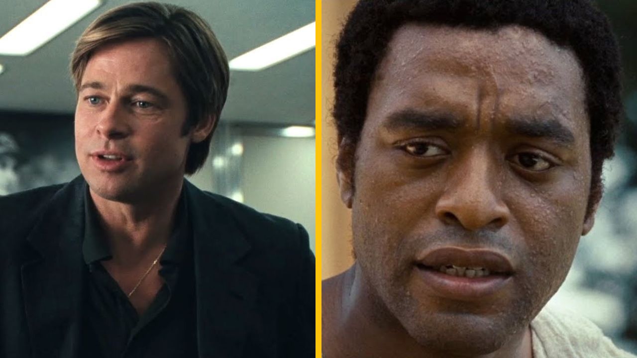 Dva zábery ľudí vo filme, jeden v interiéri a druhý vonku, oba vážne vyzerať.