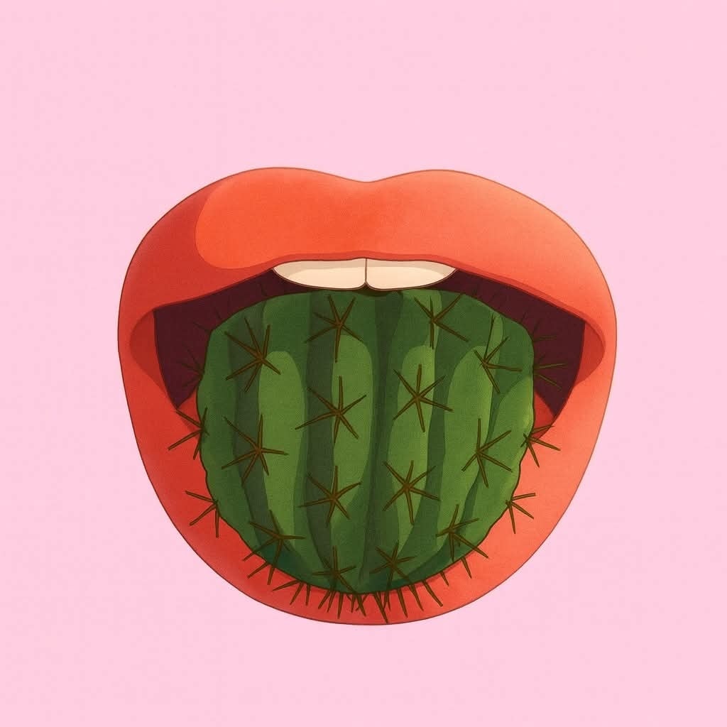 Ústa držia zelený kaktus, abstraktná ilustrácia na ružovom pozadí, symbolizujúca kontrast a neočakávané situácie.
