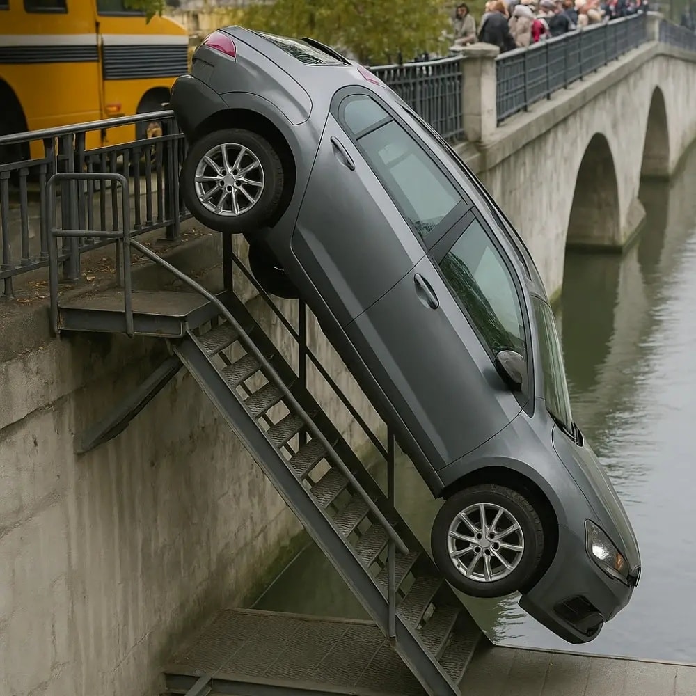 Auto na schodoch s pohľadom na most a rieku, nezvyčajná situácia v meste.