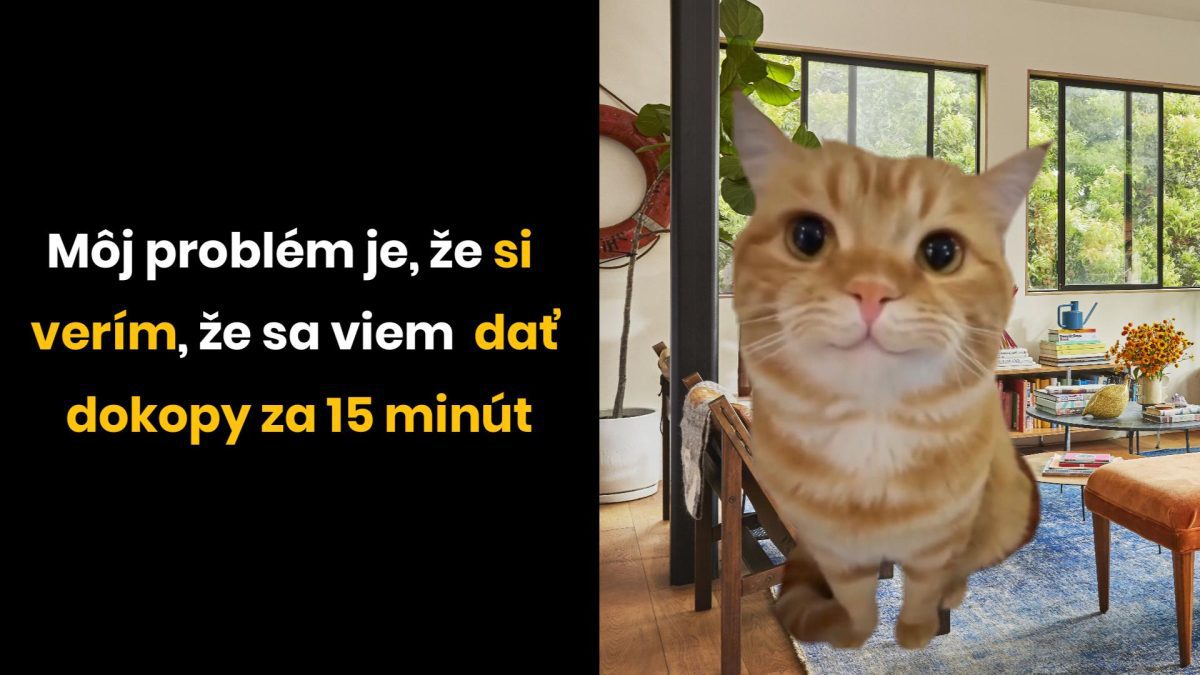 Usmievavá mačka v obývačke s vtipným textom o preceňovaní rýchlosti zozbierania sa za 15 minút.