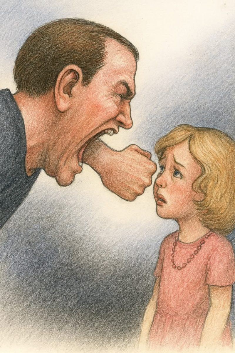 Otec kričí na dievča, ilustrácia vyjadrujúca konflikt a psychický nátlak v rodine.