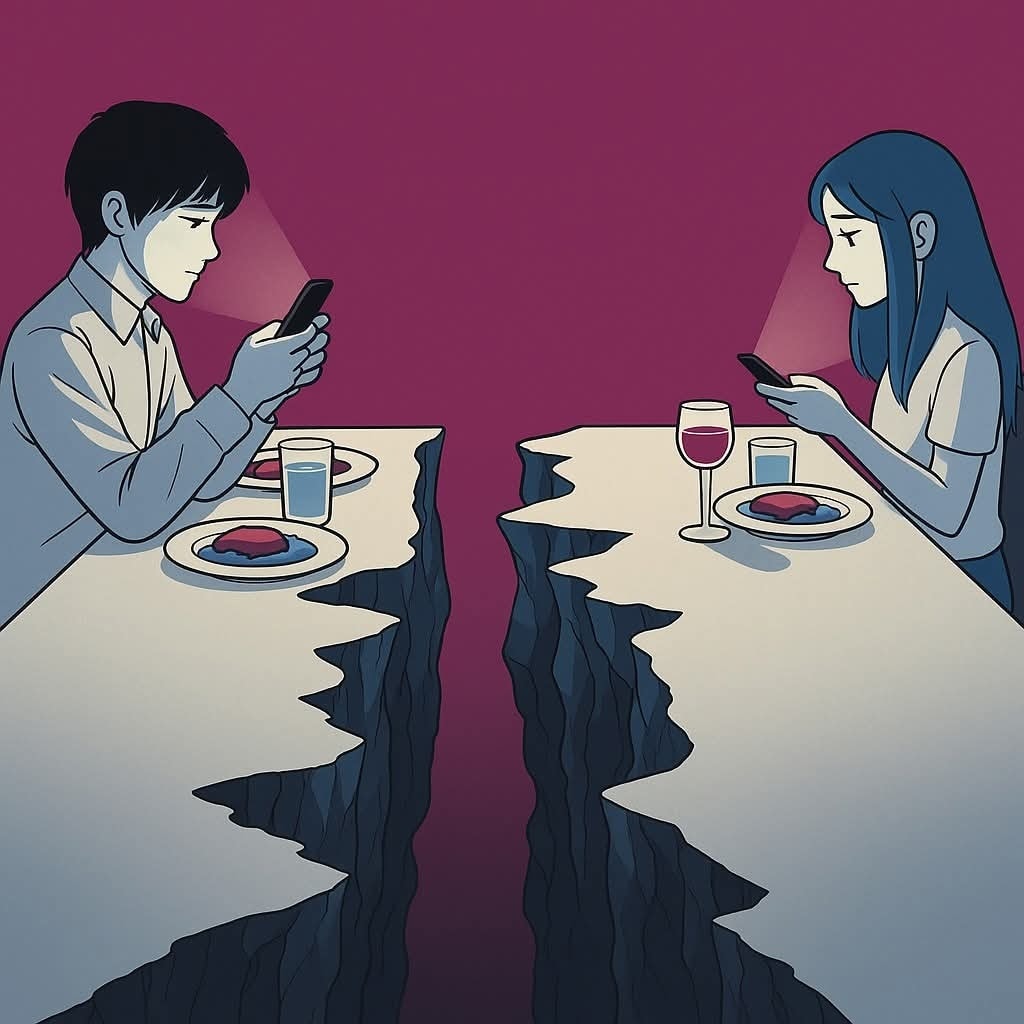 Pár pri večeri s telefónmi, medzi nimi priepasť. Symbolizuje izoláciu a digitálnu bariéru vo vzťahu.