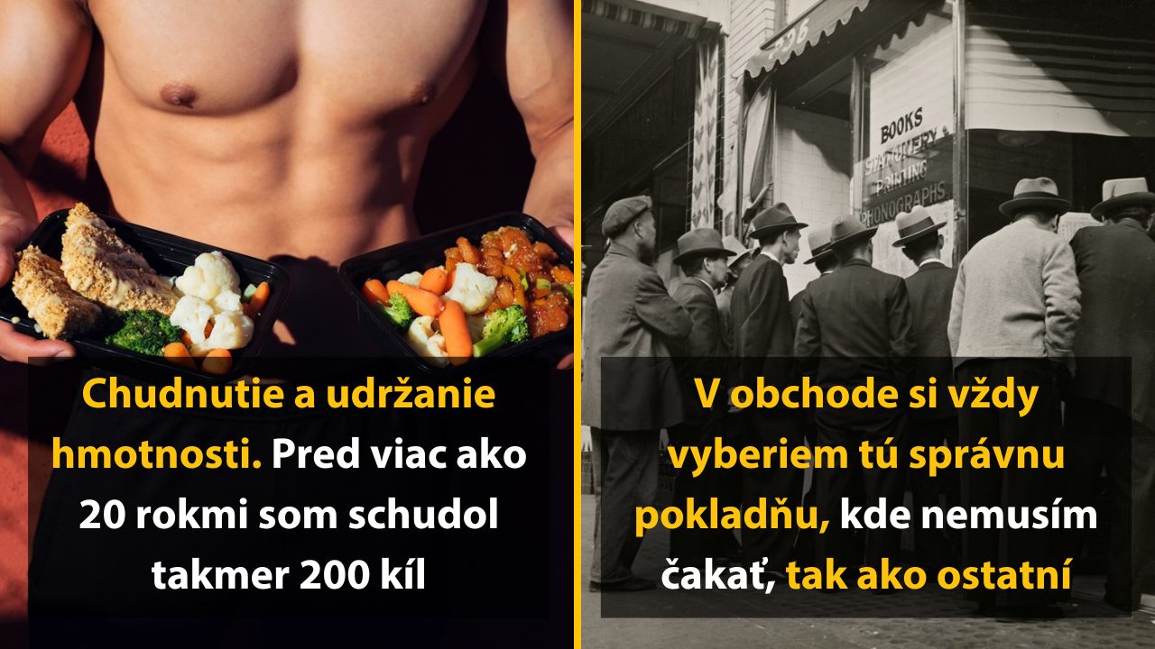 Chudnutie a obchod: Muž s jedlom pre zlepšenie hmotnosti a muži čakajúci pri pokladni v obchode.