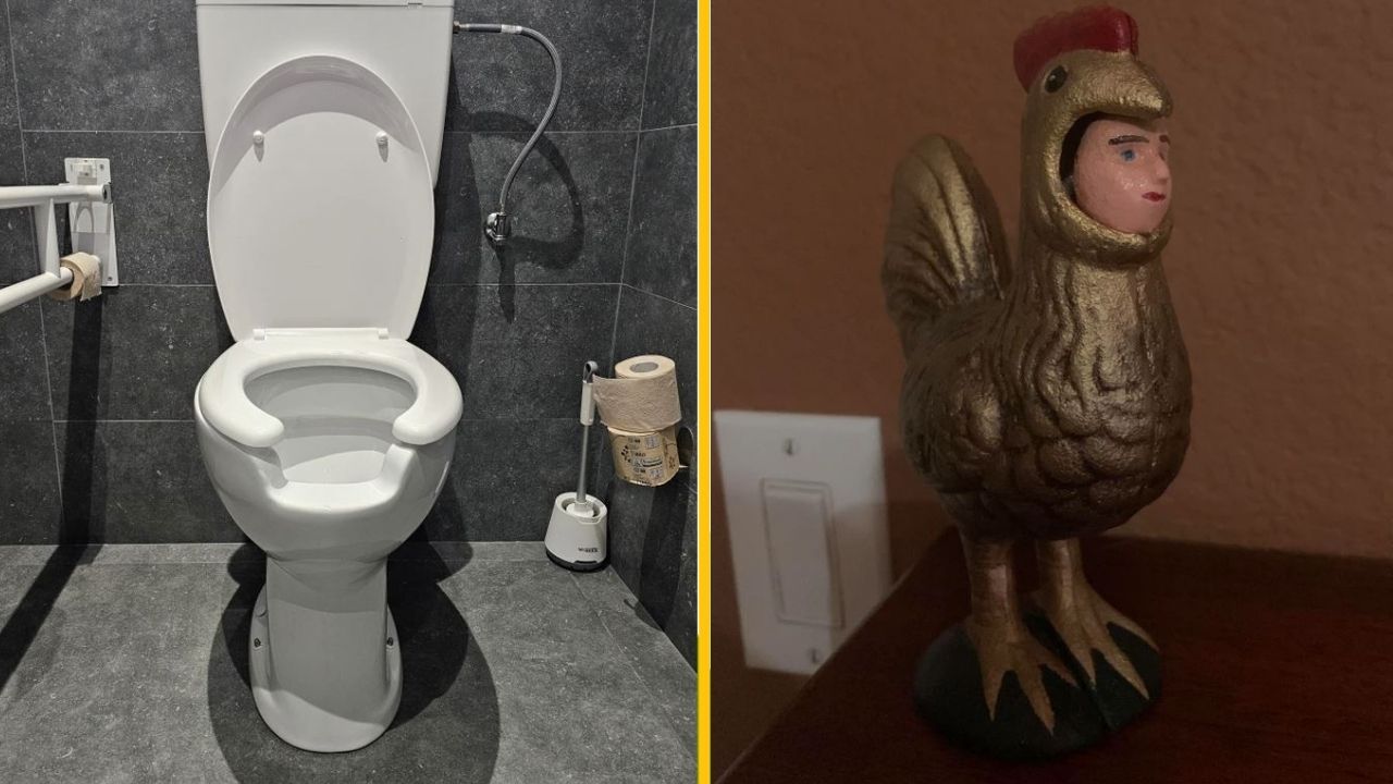 Naľavo toaleta s toaletným papierom, napravo kuracia socha s tvárou človeka na polici.