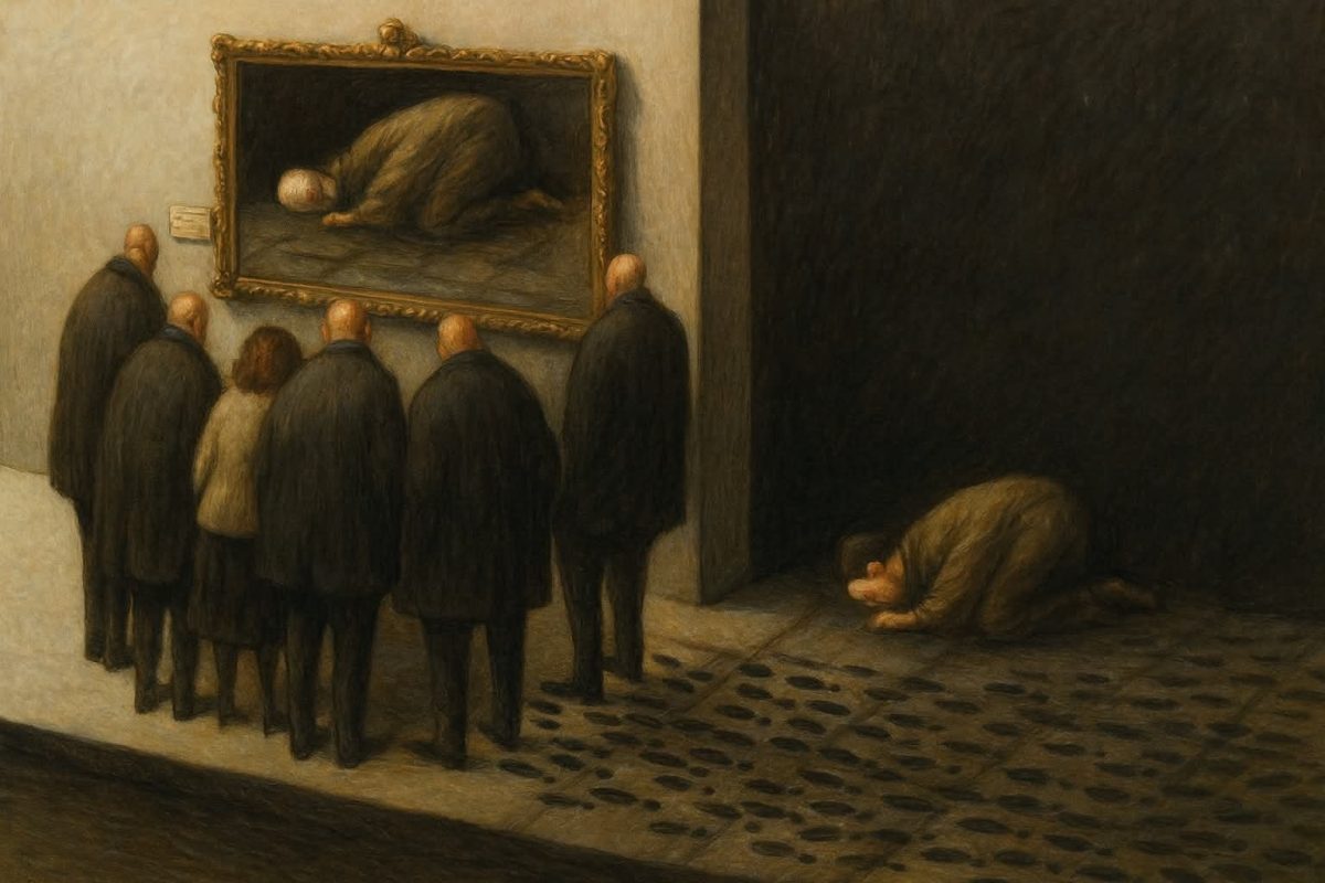 Skupina ľudí pozoruje obraz s kľačiacou postavou, ktorá je tiež prítomná vedľa nich na zemi.