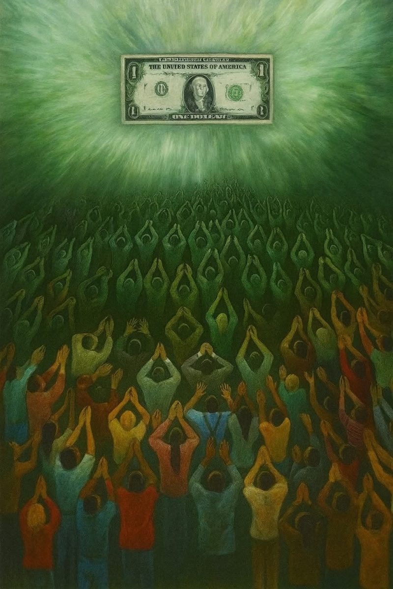 Ľudia modliaci sa k jednému doláru ako symbolu materializmu.