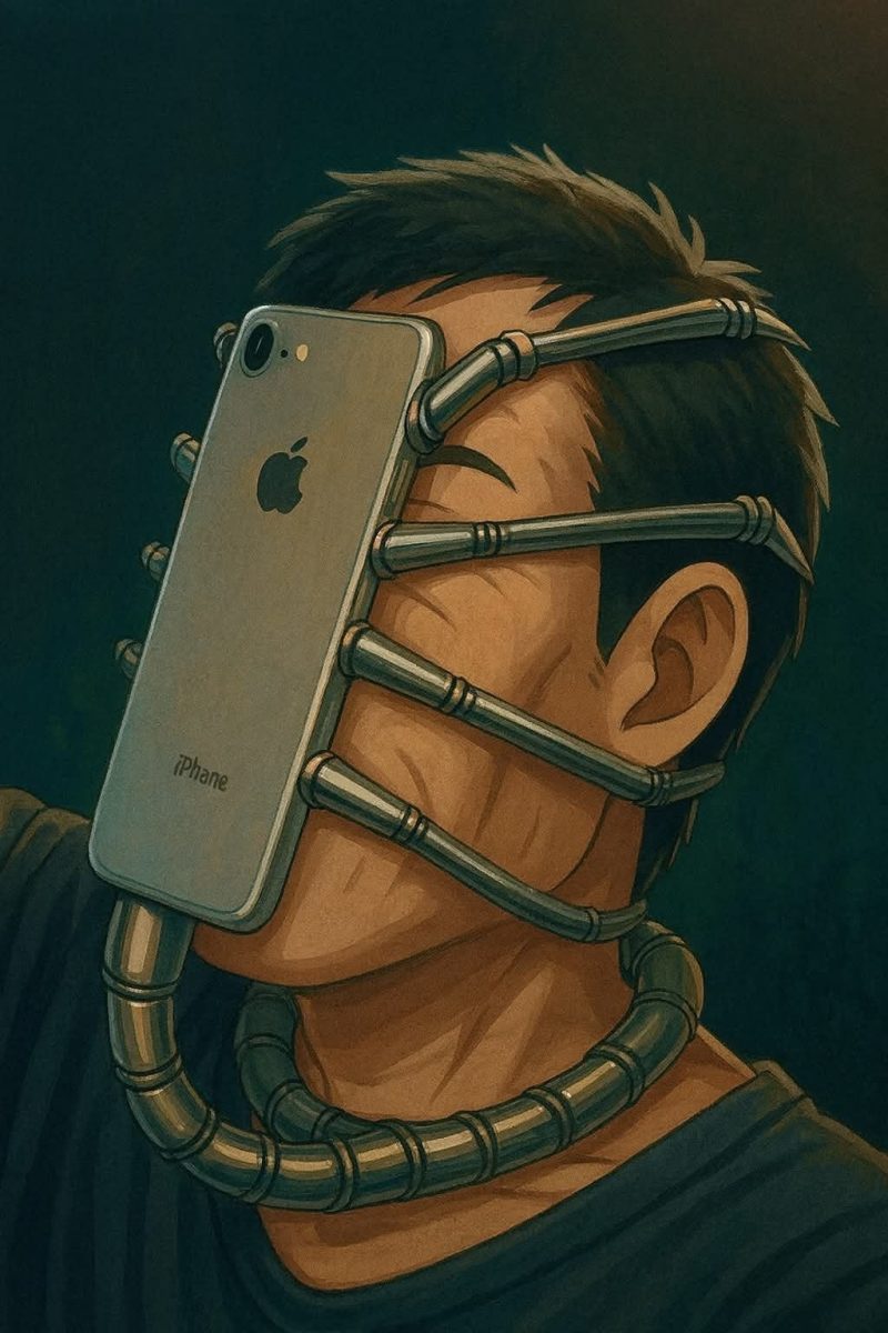 Osoba s mobilom pripevneným k hlave pomocou rúrok, symbolizujúca závislosť na technológiách.