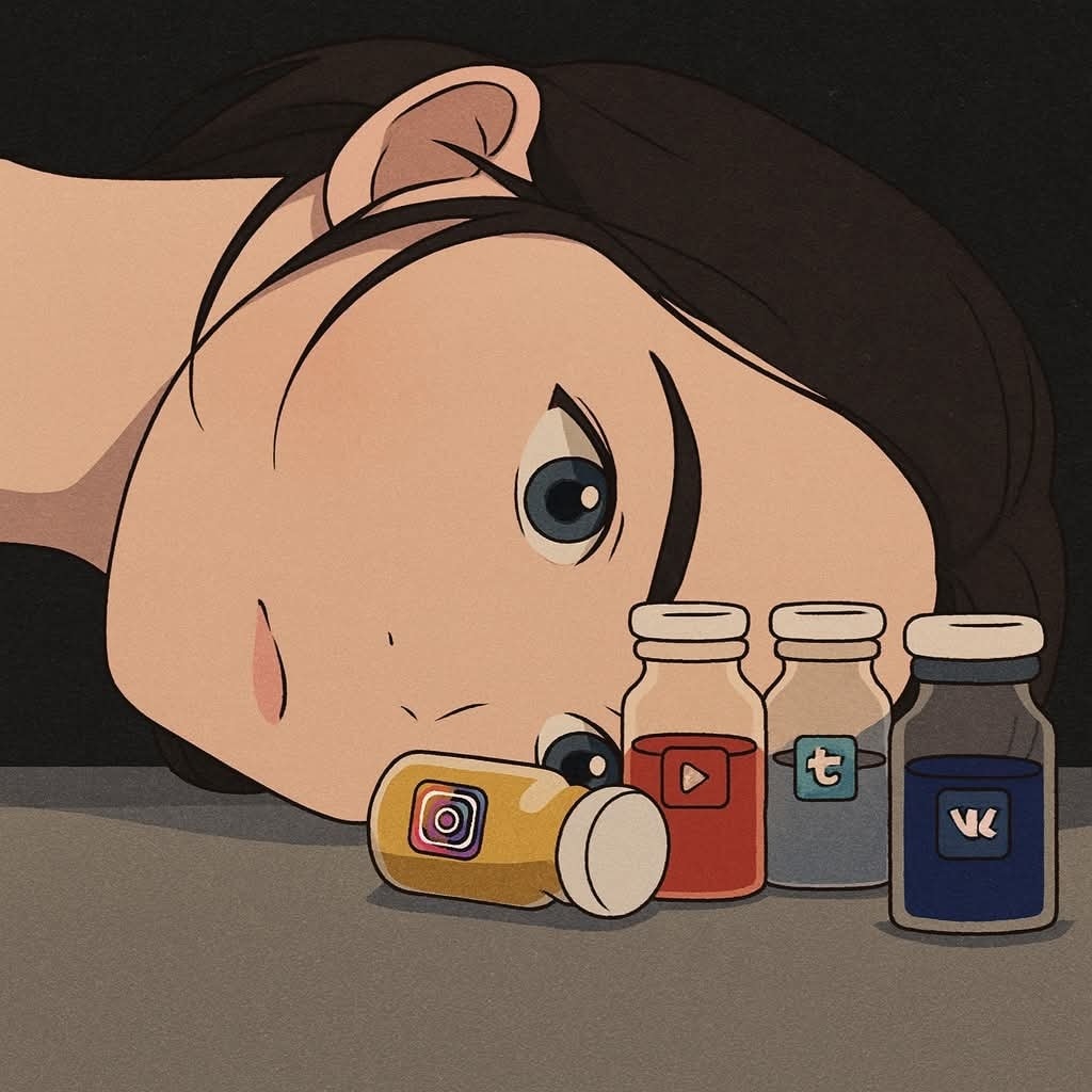 Dievča leží na stole vedľa farebných fľaštičiek predstavujúcich sociálne siete.