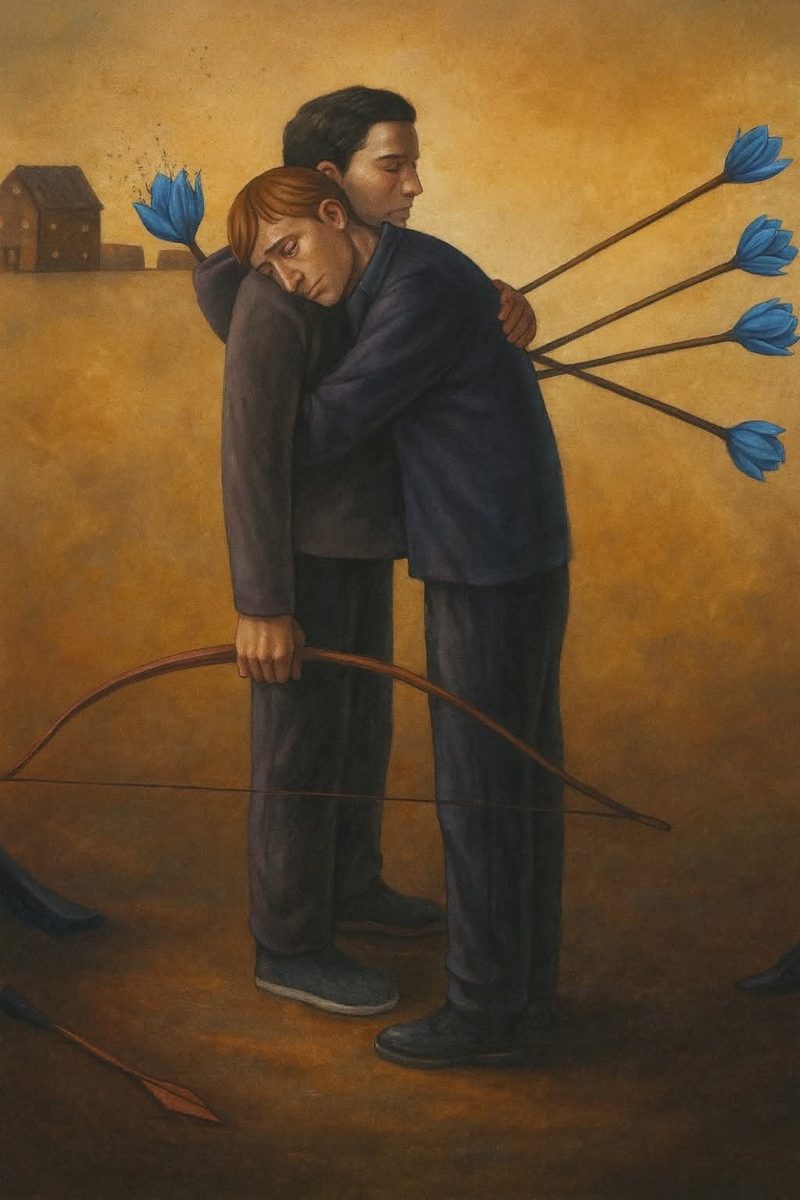 Dvaja muži sa objímajú, jeden drží luk a je zasiahnutý kvetinovými šípmi. Téma odpustenia a priateľstva.