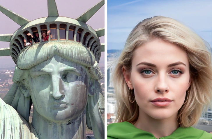 Socha Slobody s ľuďmi vo vnútri koruny vedľa portrétu blond ženy s modrými očami.