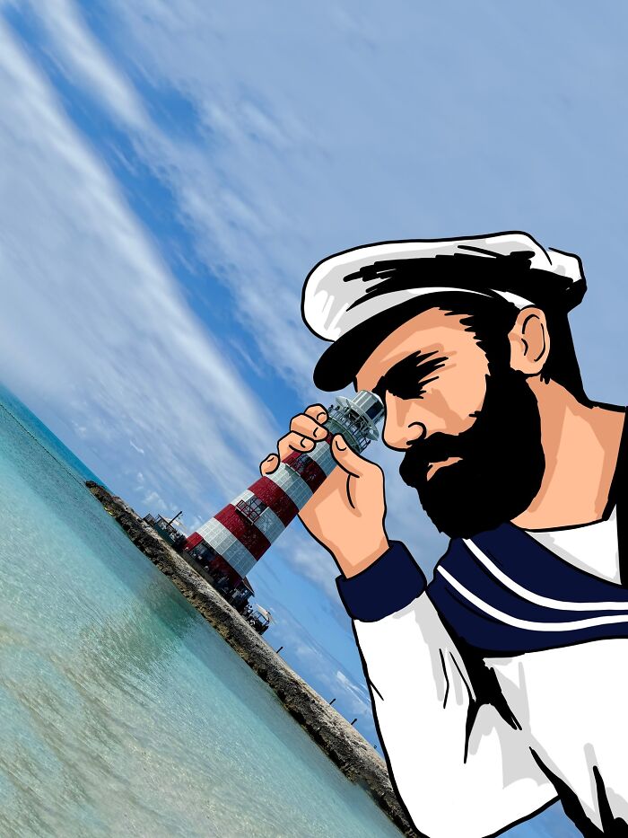 Námorník s ďalekohľadom oproti majáku, modré nebo a pokojné more v pozadí.