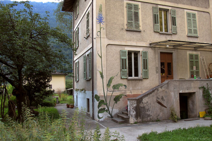 Starý dom s maľbou kvetu na fasáde, obklopený záhradou a kopcovitou krajinou.