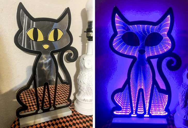 Mačacia lampa: cez deň jednoduchý dizajn, v noci svietivý efekt so žiarivou fialovou farbou.