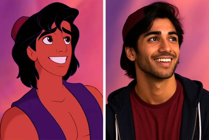 Animovaná postava vedľa usmievavého muža v čiapke na ružovom pozadí.