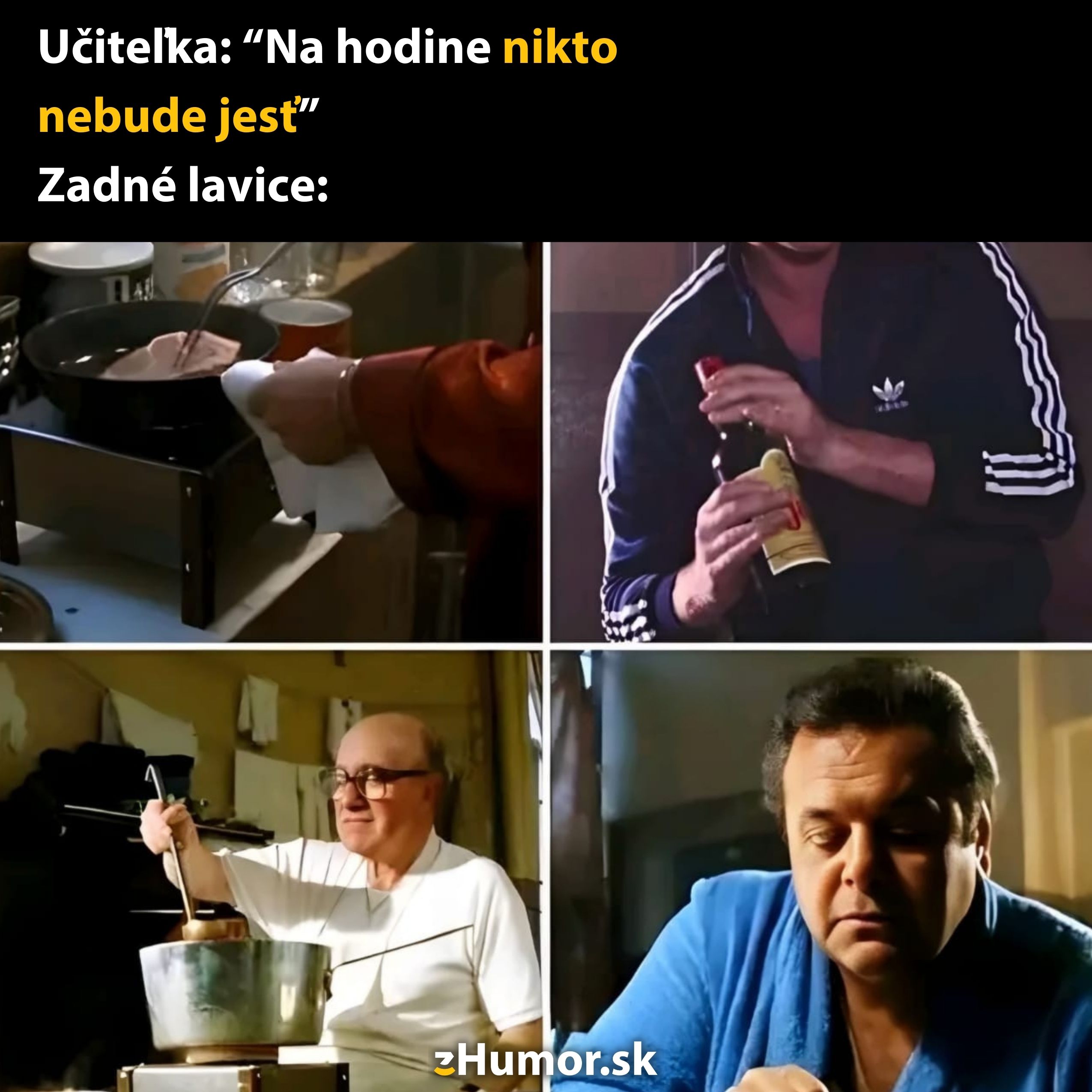 Učiteľka zakázala jesť na hodine, ale žiaci na zadnej lavici si tajne pripravujú jedlo a pitie.