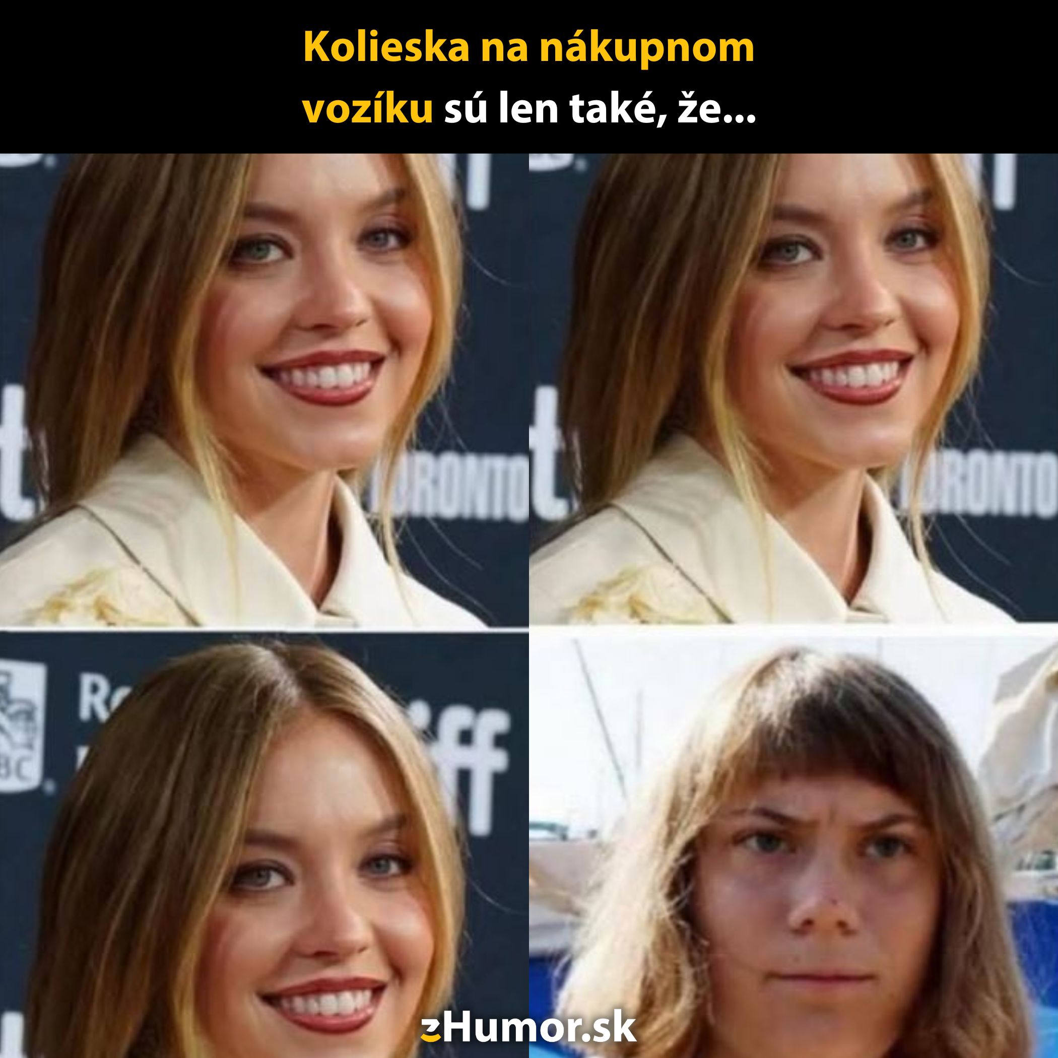 Dvojica porovnávacích fotiek s humorným textom o problémoch s nákupnými košíkmi.