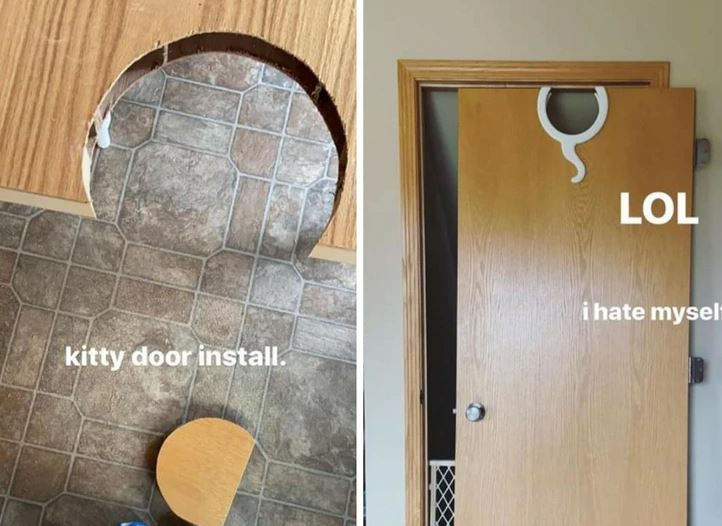 Nepodarok pri inštalácii dvierok pre mačku; nesprávna poloha otvoru šokuje.