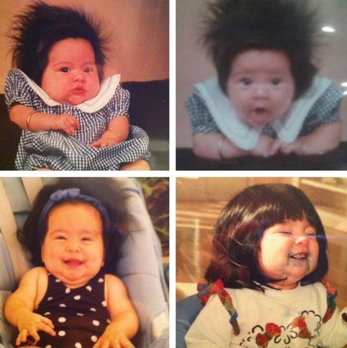 Štyri fotografie šťastného dieťaťa s rôznymi účesmi a výrazmi tváre.