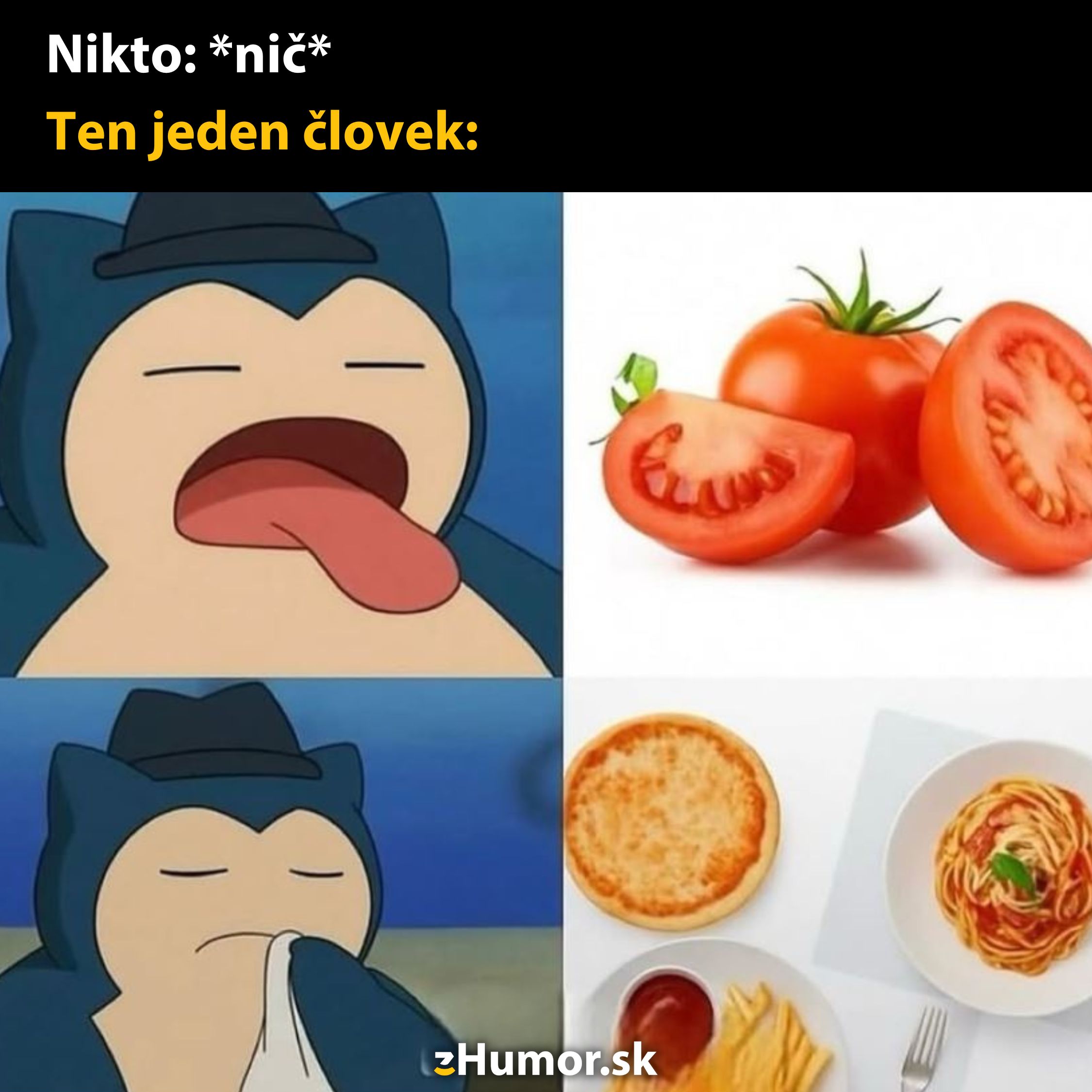 Kreslená postavička s namrzeným výrazom vedľa paradajok a taniera jedla, vyjadrujúca vtipný kontrast.