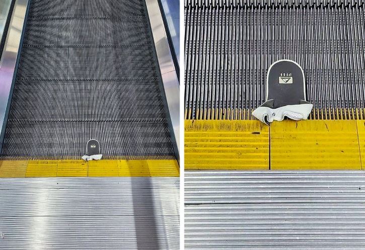 Zabudnutá šľapka uviaznutá na eskalátore, detailná fotka žltých bezpečnostných línií.